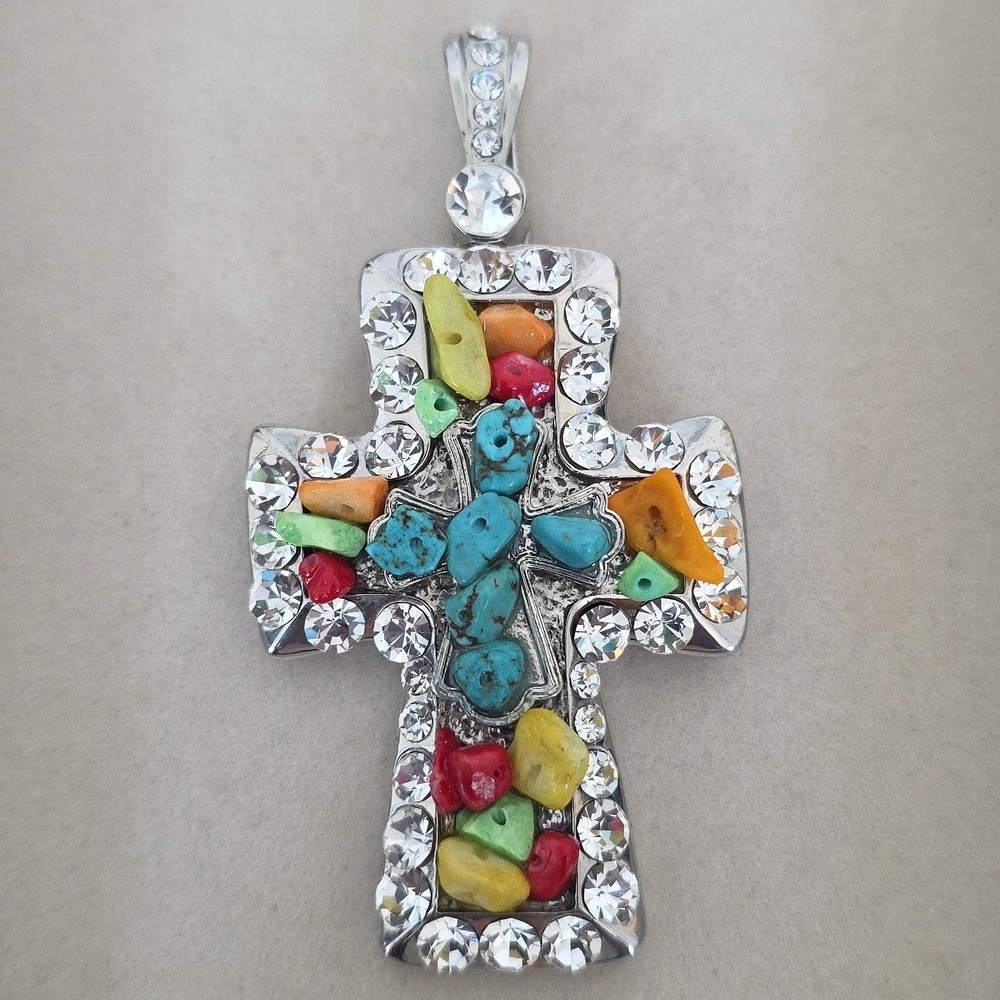 Vintage Silver Rhinestone Natural Stone Statement Cross Pendant Magnetic Bail